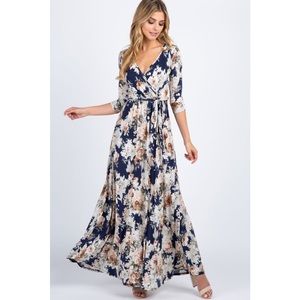 PinkBlush - Blue Floral Sash Tie Tall Maternity/Nursing Maxi Dress - Size M